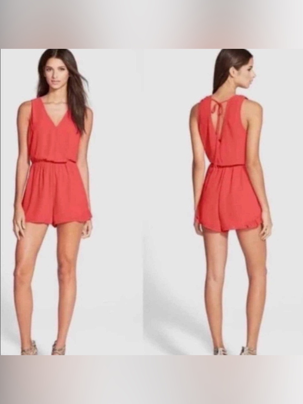 Astr Coral Sleeveless V-Neck Romper with Back Tie